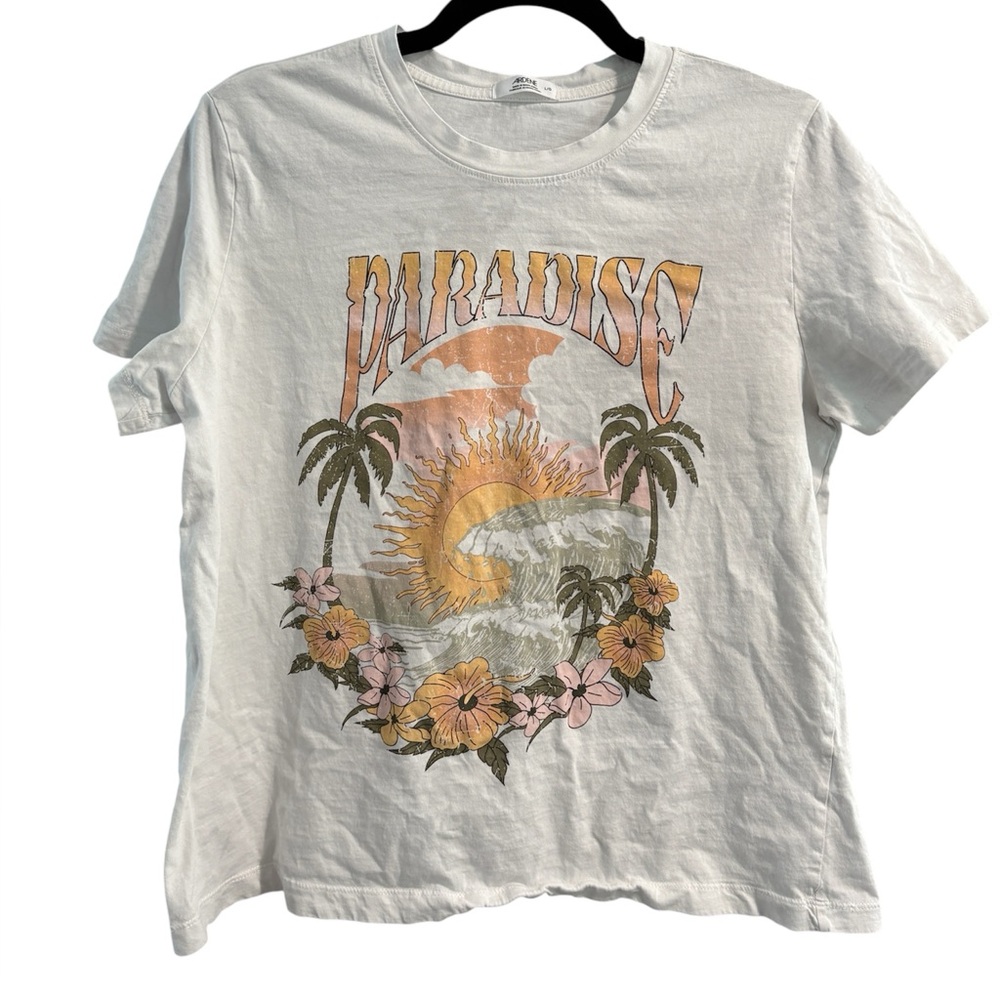 Ardene Paradise Graphic‎ T-Shirt White Gray Wash Tropical Sun Wave Large